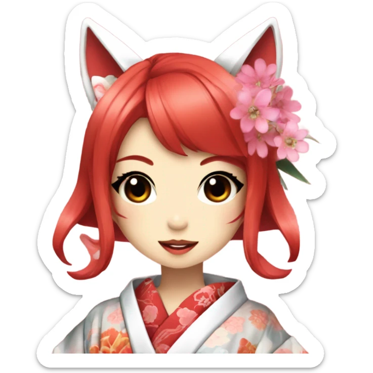 hime gyaru girl, kimono, red hair, kitsune mask sticker