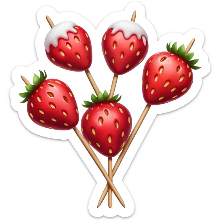 three strawberries on a wooden skewer coated in shiny sugar glaze sticker
