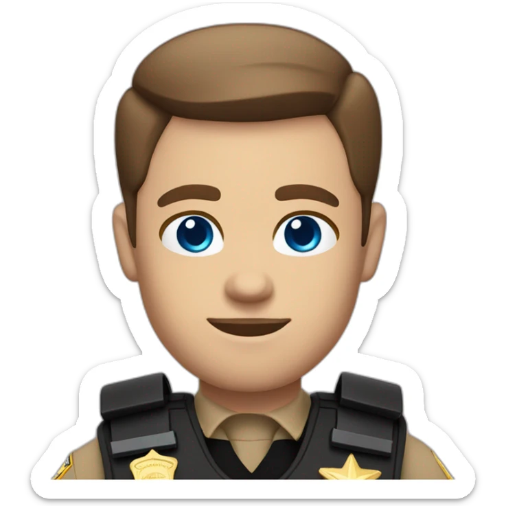 Deputy sheriff with short Brown hair and blue eyes and bulletproof vest and arms sticker