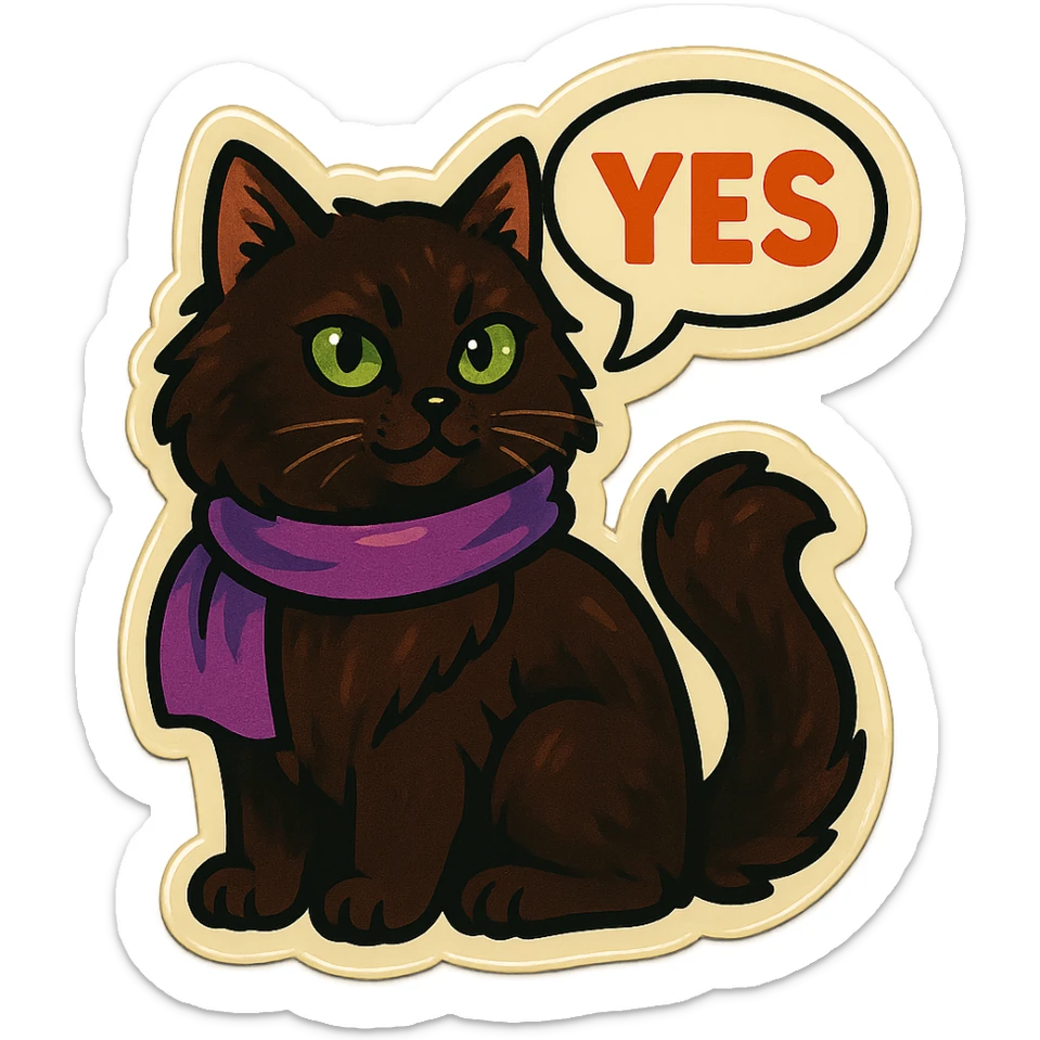 Fluffy dark-brown cat with green eyes and a purple scarf saying ‘YES’ (with a speech bubble) sticker