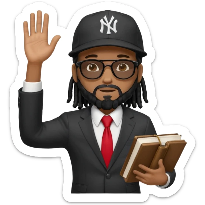 African American man with black beardwith shoulder length black dreadlocks wearing black sunglasses wearing a New York Yankees logo baseball cap wearing a black suit with white shirt and red tie with a Bible in right hand with left hand raise out sticker