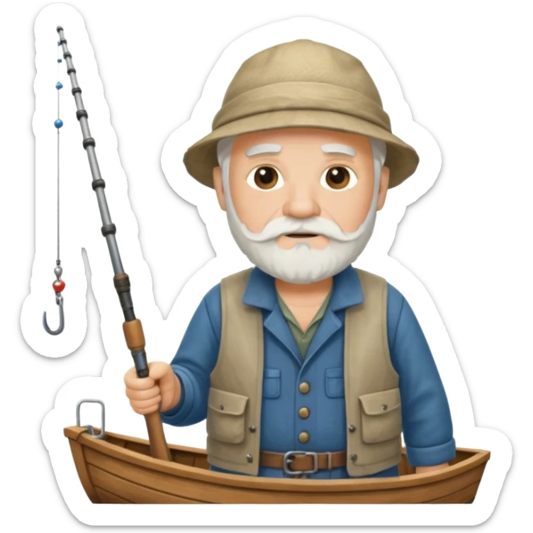 an old white haired, bearded man in fisherman attire, stood in a boat at sea, holding a fishing rod and catching fish with it. sticker