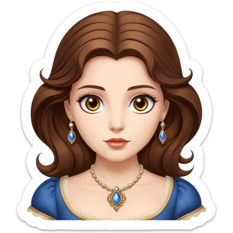 Cinematic Realistic Belle Portrait, depicted with lifelike skin texture, soft natural lighting, and intricately detailed brown hair styled elegantly. Her deep, expressive eyes exude warmth and intelligence, complemented by a serene and graceful expression. She is dressed in her classic attire, with rich fabric textures and delicate folds that catch the light beautifully. The portrait features a soft, enchanting glow with a natural, radiant finish, capturing the essence of timeless beauty in a realistic and painterly style, evoking a sense of depth and authenticity. sticker