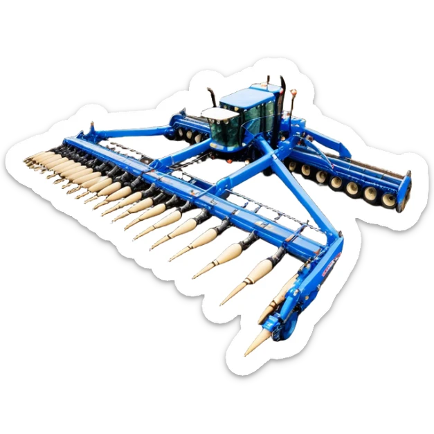 Bourgault 3420 Paralink Hoe Drill (2022) – Cinematic-realistic Bourgault 3420 Paralink Hoe Drill, its massive blue frame stretching across the vast fields. The powerful machine plants seeds with pinpoint accuracy as the sun rises over the horizon, golden dust swirling in the crisp morning air. sticker