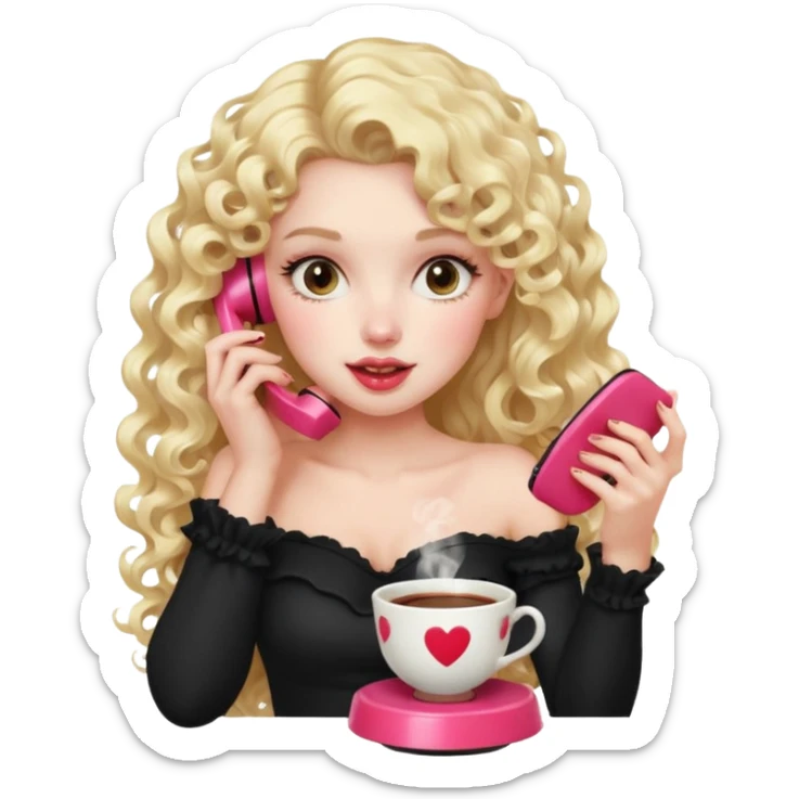 exaggerated features of woman with curly long blond hair, gossiping on a pink analogue phone, holding a tea cup, wearing an off-shoulder black top, red face sticker