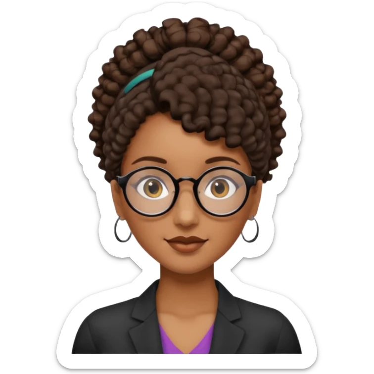 chica morena de ojos claros con gafas negras exagonales redondeadas. y pelo rizado castaño con todo el pelo recogido en una coleta .. Con todo el pelo recogido un clen look solamente una coleta sticker