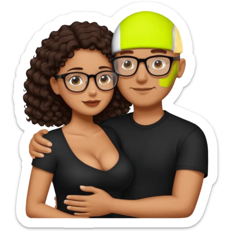 A picture of an embracing tanned couple. the man is a Mexican man with tanned skin, NO GLASSES, with a bald hair cut, short beard and wearing a black shirt. the woman is short with long curly dark brown hair and with big boobs. Put glasses on the woman.  sticker