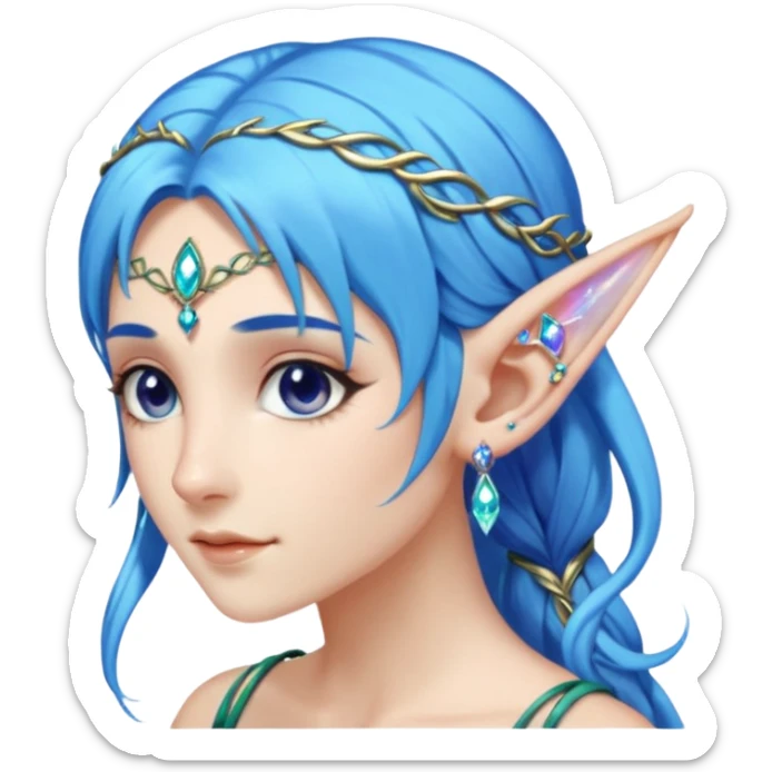 portrait of blue haired Elvish fae shiny sparkly iridescent translucent diaphanous ear climber ear cuff sticker