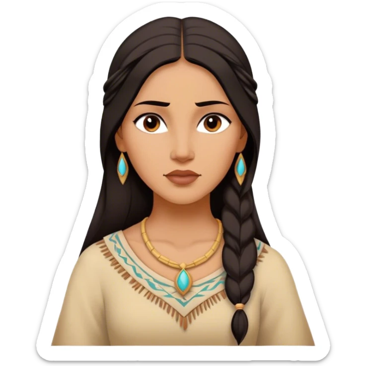 Cinematic Serene Pocahontas Portrait Emoji, rendered in a realistic, simplified vector style. Depict a gentle Pocahontas (chest and above) with warm, glowing skin, loosely flowing dark hair, and a calm, reflective expression, wearing modest traditional attire in earthy hues. The image is bathed in a soft, inviting glow with high shine and a soft glowing outline. sticker
