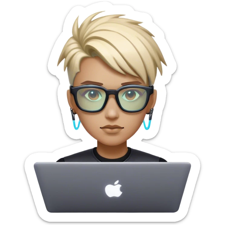 An emoji of a person with a laptop, but wearing cyberpunk glasses and with a slight neon glow sticker
