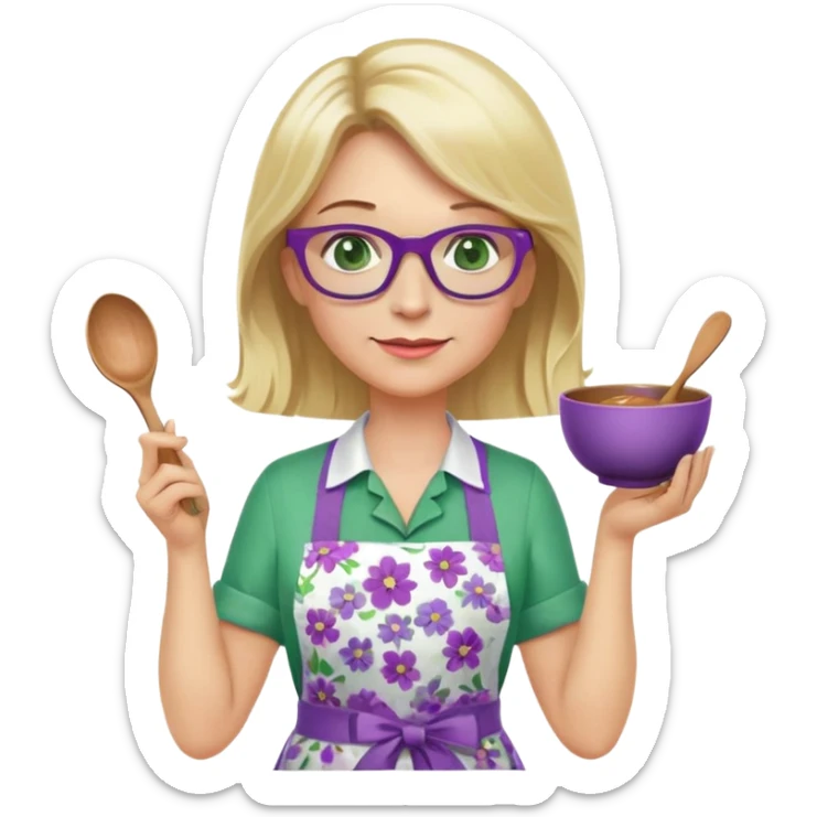 middle aged woman with shoulder length blonde hair, purple glasses, green eyes, wearing a flower apron, holding a bowl in one hand and a mixing spoon in the other sticker