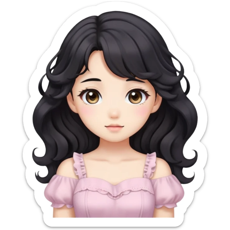 Cute kawaii anime lady with beautiful black wavy hair wearing a gorgeous soft feminine pastel dress sticker