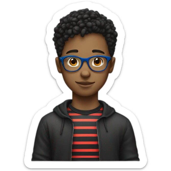 young boy with blue glasses, short hair, and black t-shirt anda red and black stripped shirt on top sticker