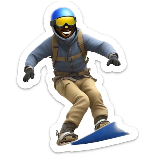 Design an emoji of a man sandboarding down golden dunes, wearing a helmet and goggles, in a dynamic pose to show motion and excitement, with sand trails for added action. sticker
