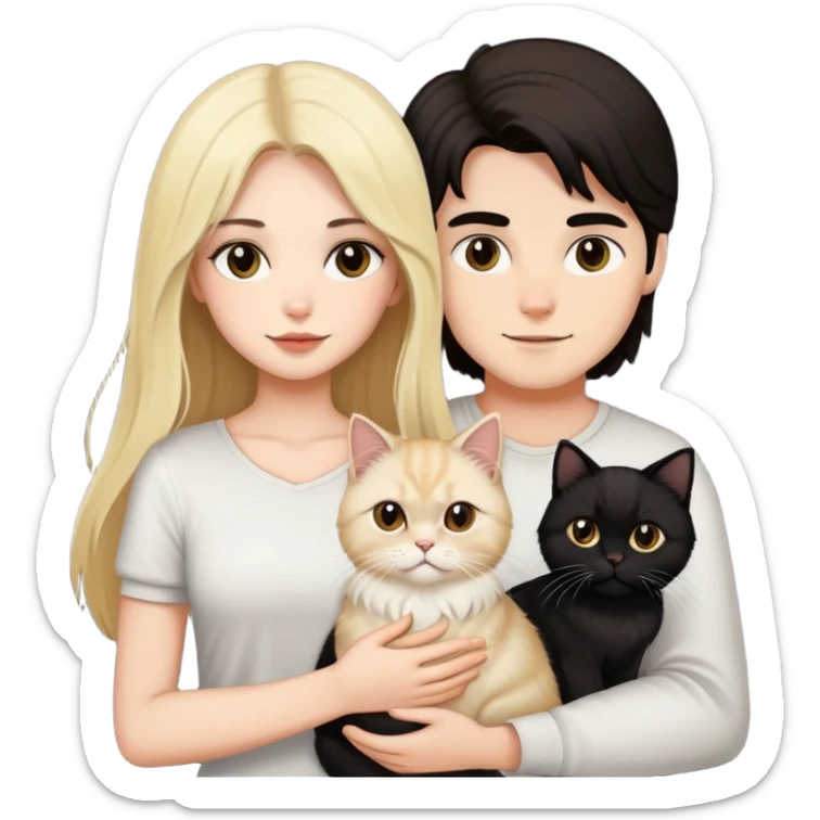 pretty girl with long dark hair holding a blonde persian cat beside her boyfriend holding a small black cat sticker