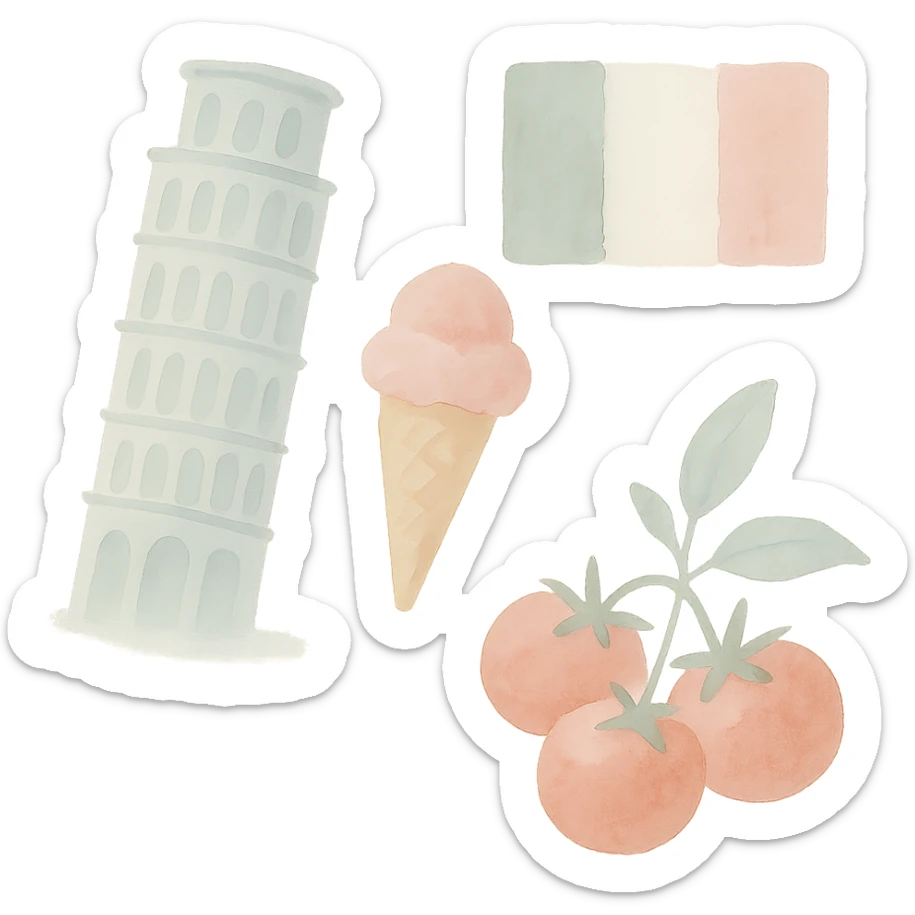 Italian symbols in watercolor style with white, green, and pink pastel tones sticker