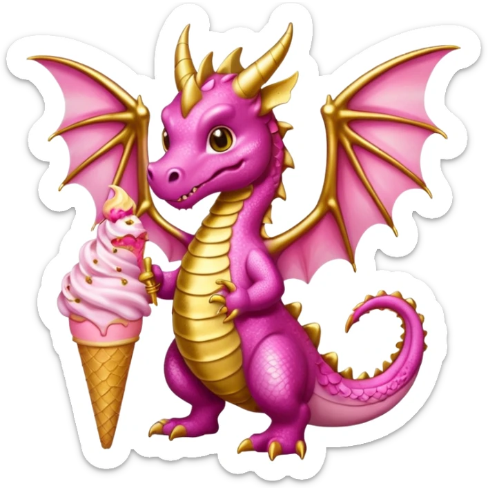 A dragon with its shiny glittered wings in pink tones and pink and gold legs, eats vanilla and chocolate ice cream sticker