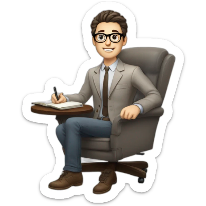 Pale skinned Fit Man With dark brown hair in gray jacket, beige office shirt and vintage glasses sitting In a soft chair with a notebook with emblem Ψ and a pen in his hands sticker