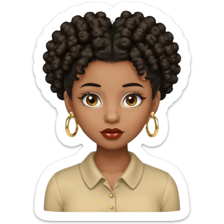 Create a 3D emoji of a teenage girl with deep brown skin, natural curly black hair in a high puff with styled baby hairs, long lashes, glossy lips, and soft glam makeup. Include a gold septum ring, small nose stud, gold earrings, and a beige collared shirt. sticker