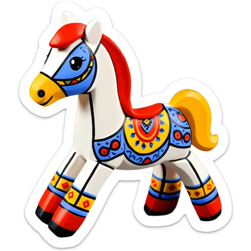 Dymkovo toy horse, traditional Russian clay figurine with colorful geometric patterns, white base with red, blue and yellow decorations sticker