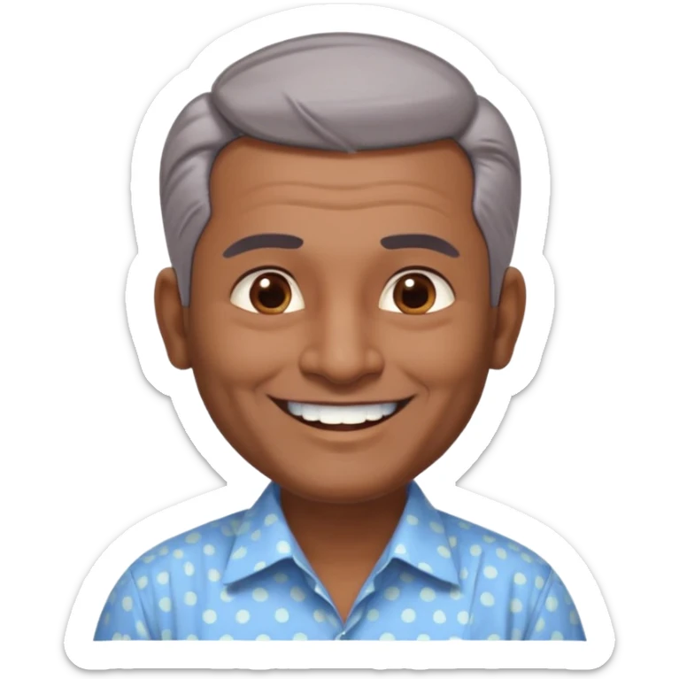 50 yr old indian man, dark skin, grey hair, big smile, white teeth, chubby, no moustache, clean shaven, young style hair, hair brushed back, 5 oclock shadow, bindy on forehead, dress shirt, forehead dot sticker