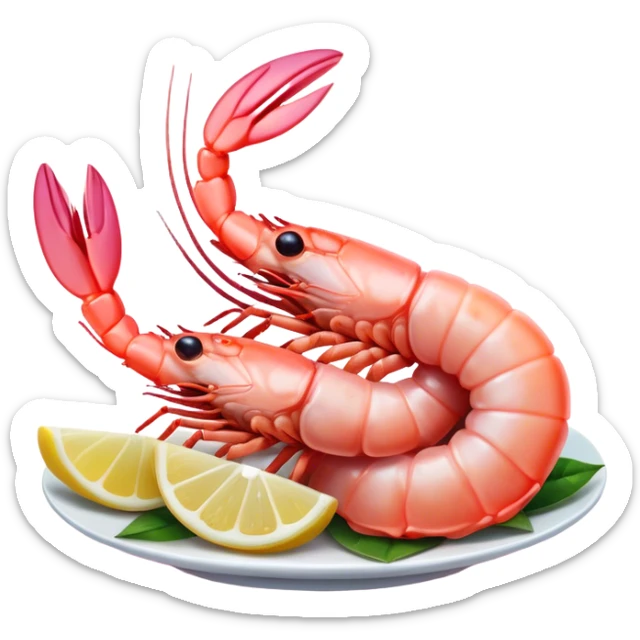 Cinematic glistening shrimp, pink and juicy, slightly curled with a light char, served with lemon wedges, ultra-detailed and fresh, warm glowing background. sticker
