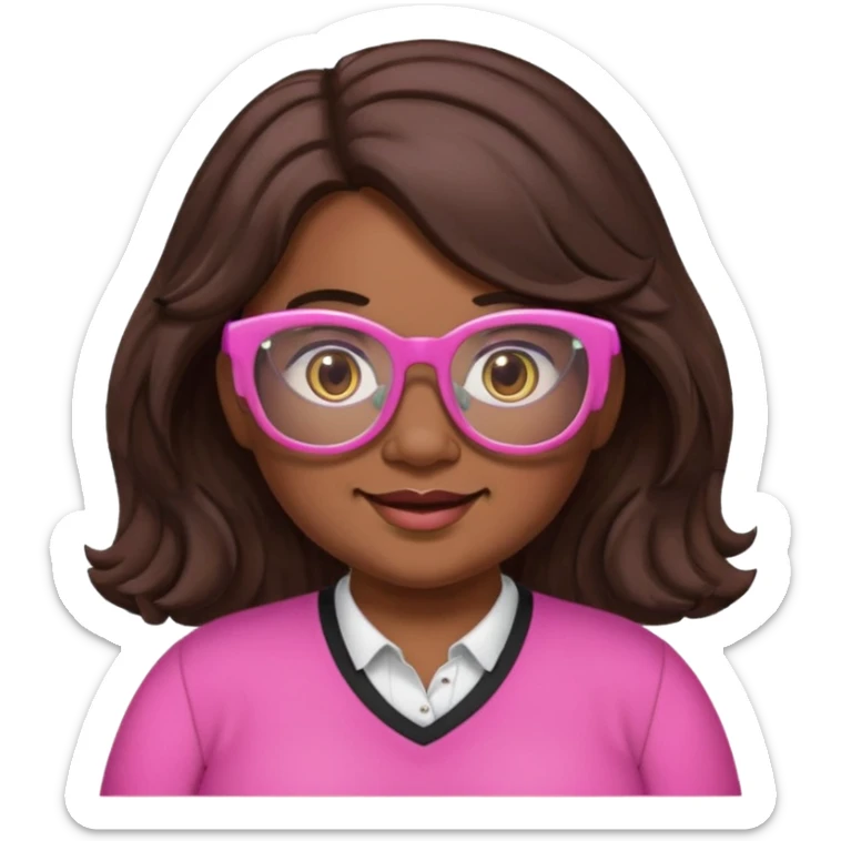 chubby English teacher, happy, wearing pink glasses, wavy long dark brown hair, face only, gamer vibe, classroom background, emoji style, for online classes sticker