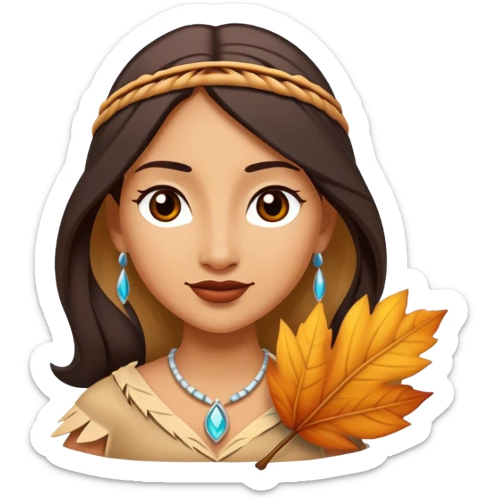 Cinematic Playful Pocahontas Portrait Emoji, Tilting her head with a knowing smirk, holding a delicate autumn leaf, eyes glimmering with adventure, an enchanting blend of confidence and charm, absolutely captivating! sticker