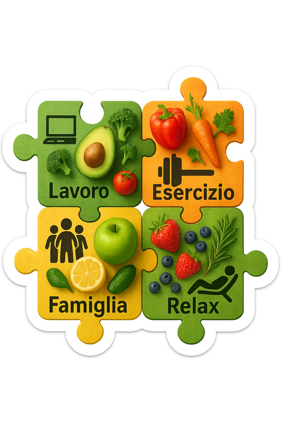 Puzzle (Lavoro, Esercizio, Famiglia, Relax), in lavoro metti icona di un PC, in Esercizio un Manubrio, in Famiglia una famiglia, in Relax qualcuno che riposa and healthy foods are integrated into each piece. in italiano sticker