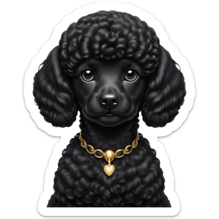 Cinematic Noble Black Poodle Portrait Emoji, Poised and regal, with a refined, elegant build and a meticulously groomed, curly jet-black Fur, deep-set soulful dark eyes, Simplified yet sharp and sophisticated features, highly detailed, glowing with a soft, dignified glow, high shine, intelligent and graceful, stylized with an air of sophistication, focused and attentive, soft glowing outline, capturing the essence of a watchful and confident companion, so majestic it feels as though it could prance out of the screen with effortless authority! sticker