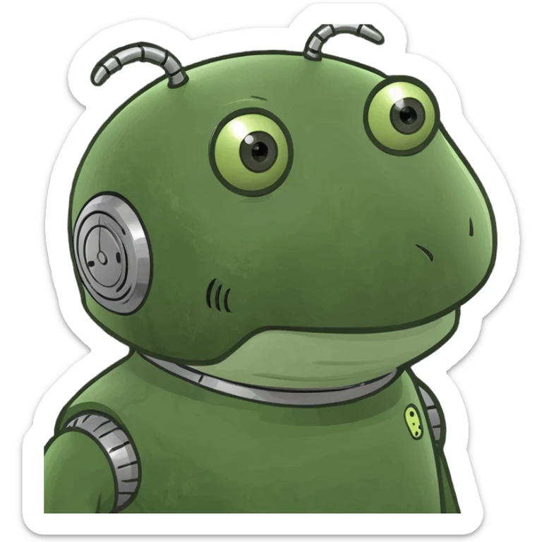 A robot designed in the style of a green Bufo frog meme, with a humorous and exaggerated expression. sticker