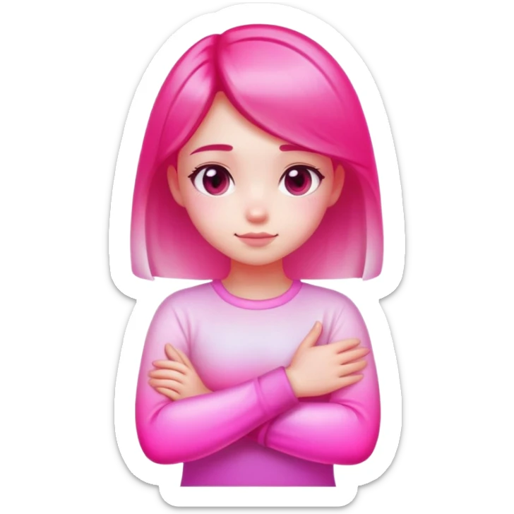 Shy girl character with arms crossed, transparent glass style, bright pink gradient, soft shadows and highlights, minimalist cute design sticker