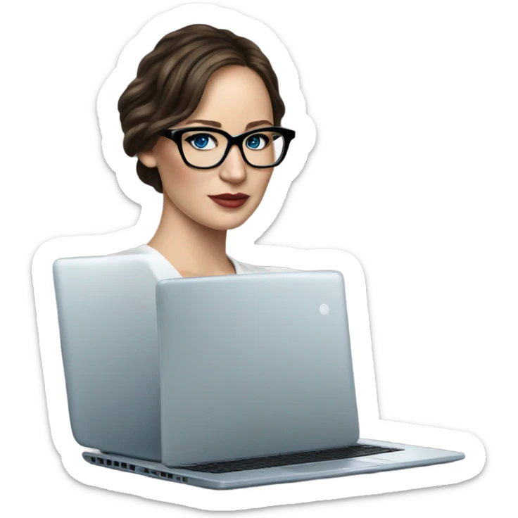 Hyper Realistic Photo of Brunette Jennifer Lawrence wearing black glasses and blue eyes  on a laptop  sticker