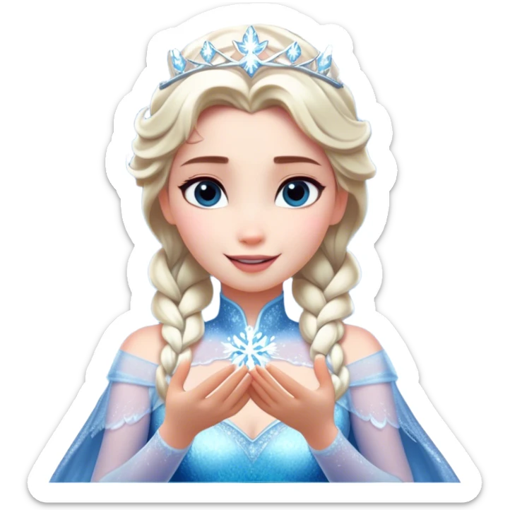 Cinematic Elegant Elsa Portrait Emoji, Standing gracefully with snowflakes forming in her hands, a soft yet confident smile, frosty shimmer surrounding her, a queen in perfect icy splendor! sticker