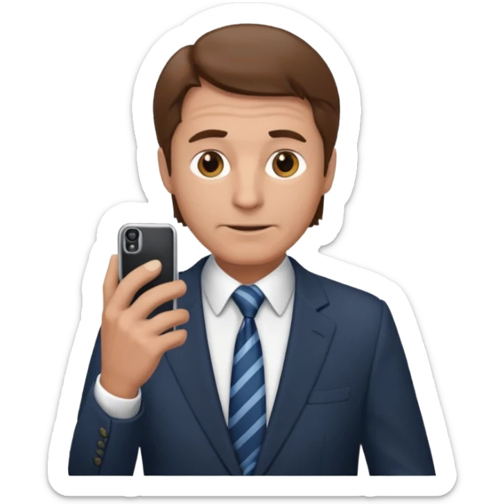 Un hombre mayor de traje con tez clara pelo color castaño, vestido con traje camisa y corbata y celular en mano .  sticker