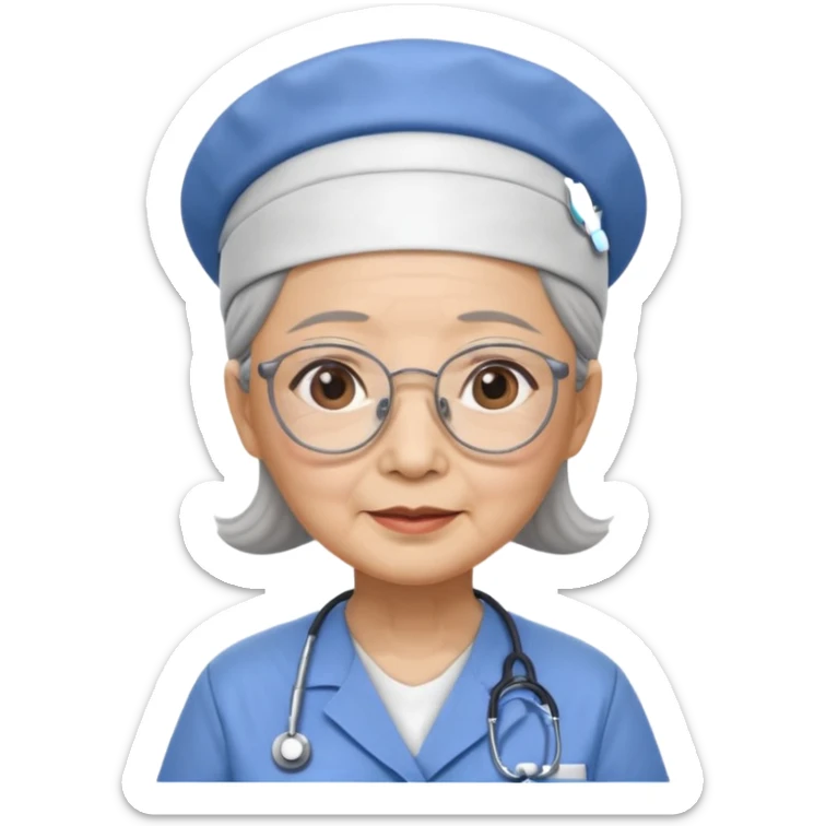 OLD ASIAN WOMAN WITH GLASSES, NURSE SCRUBS, CAP, NO HAIR SHOWING sticker