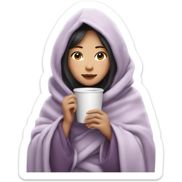 Asian girl wrapped in cozy blanket drinking coffee light purple sticker