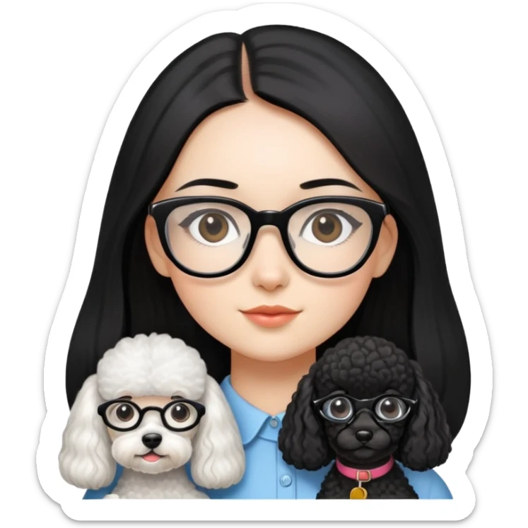 A beautiful girl with glasses with fair skin has long straight black hair and a miniature Poodle. sticker