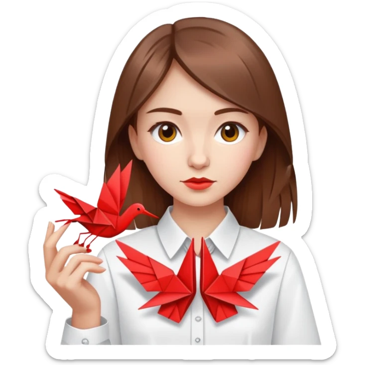 Ukrainian young girl with brown hair wearing a white embroidered shirt holds an origami red crane sticker