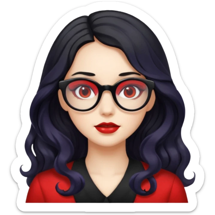 ילדה עם שער שחור וגלי אבל לא יותר מידי מתולתל ארוך אישונים שחורים, משקפיים בצבע אדום sticker