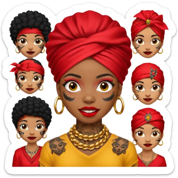 afro black hair with red head bandana and lots of face tattoo black skin girl sticker