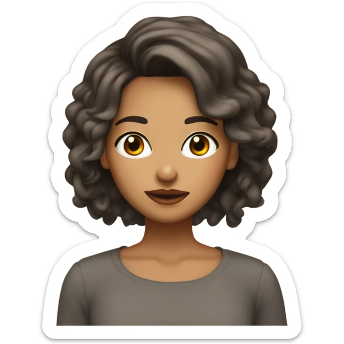 Chica con cerquillo, cabello ondulado y color castaño, ojos saltones pero medios chinos, labios gruesos pero no exagerados  sticker