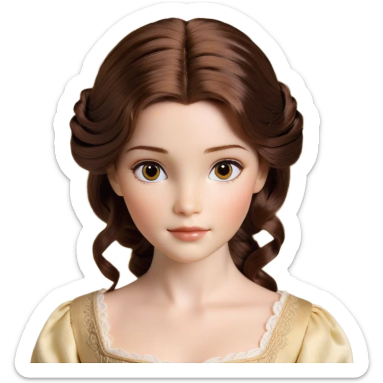 Cinematic Realistic Belle Portrait, depicted with lifelike skin texture, soft natural lighting, and intricately detailed brown hair styled elegantly. Her deep, expressive eyes exude warmth and intelligence, complemented by a serene and graceful expression. She is dressed in her classic attire, with rich fabric textures and delicate folds that catch the light beautifully. The portrait features a soft, enchanting glow with a natural, radiant finish, capturing the essence of timeless beauty in a realistic and painterly style, evoking a sense of depth and authenticity. sticker