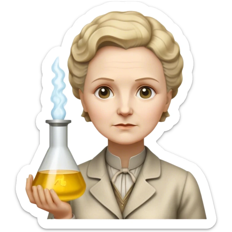 Cinematic Realistic Marie Curie Portrait Emoji, depicted as a pioneering scientist with a determined gaze in period attire, rendered with detailed textures and soft intellectual lighting that captures her groundbreaking legacy. sticker