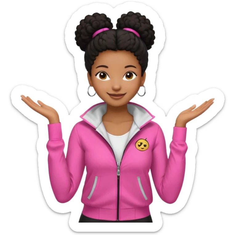 Menina negra estilo clean girl, cabelo crespo em coque, pele bronzeada, expressão sorridente e confiante, roupas claras e modernas — jaqueta esportiva rosa com zíper, blusa branca por baixo, calça legging preta.  sticker