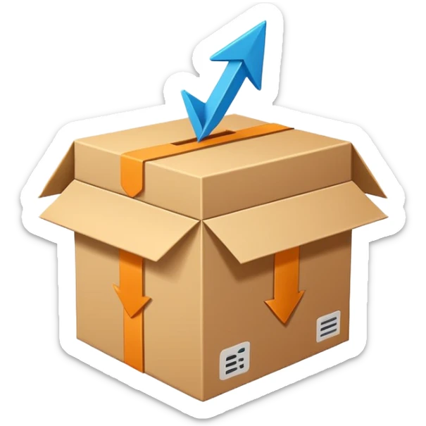 Minimal line-art icon of a shipping box with an arrow going up or a price tag, simple modern style, clean outlines, slightly 3D, no background, transparent, represents “reselling / e-commerce / flipping items” sticker