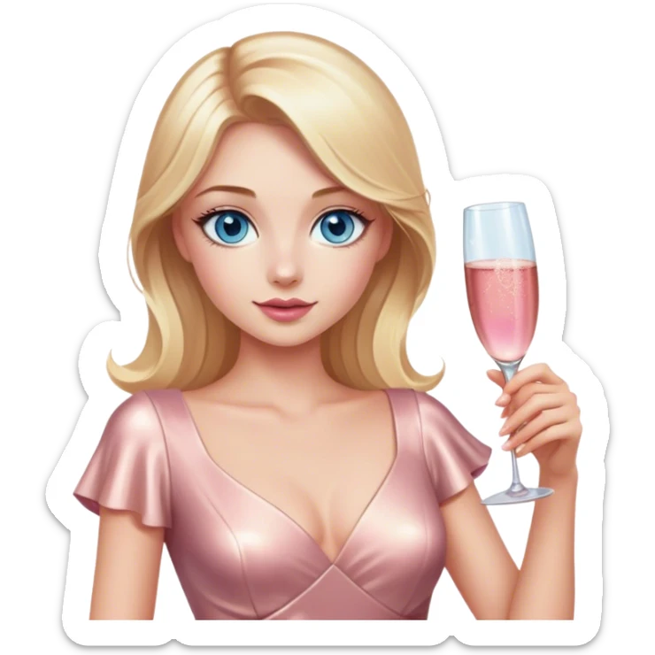 Pretty Blonde model, blue eyes, wearing a rose gold dress with short sleeves, raising a glass of pink champagne sticker