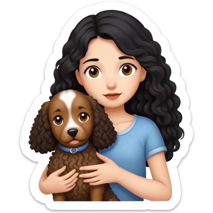 A girl with long black hair holding a curly brown giant dog sticker