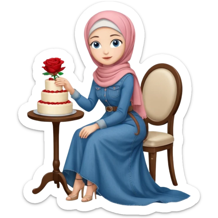 Turkish beautiful finish Konya girl blue eyes with denim hijab long tail dress and sits on the white chair and holds rose cake with her hand  sticker
