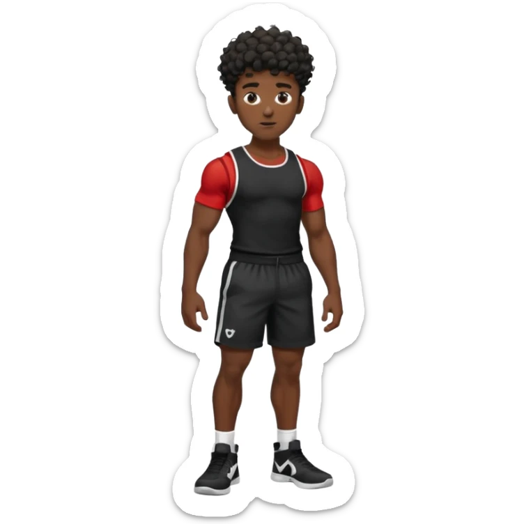 Ripped, athletic man with thick neck, high top fade with no part, curly hair only top only, no shirt and show waistline up, black shorts and more man face sticker